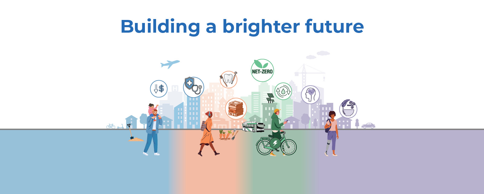 A colourful illustration showing people and icons in front of a community skyline.